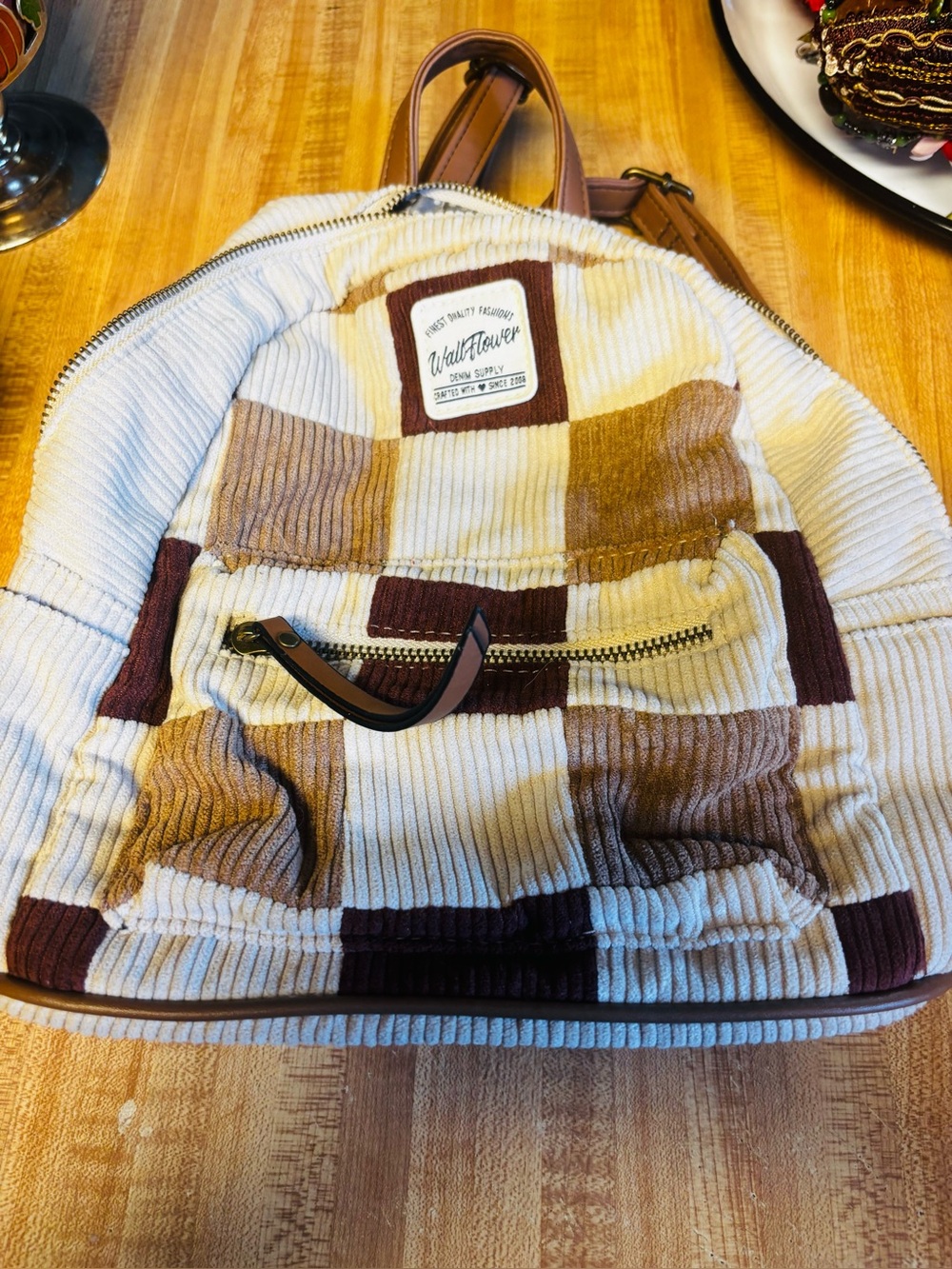 WallFlower Patchwork Corduroy Check Backpack in Brown & Cream